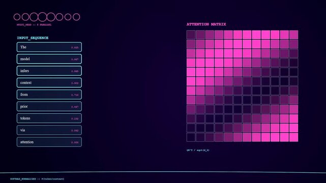 Digital screens show the LLM Thinking Process, detailing multi-head attention, token input sequences, and context derived from past data in parallel computing.