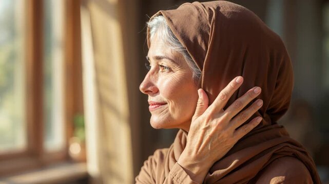 Serene Silhouette: An older woman with a serene expression, draped in a warm-toned headscarf, gazes thoughtfully towards a sunlit window.