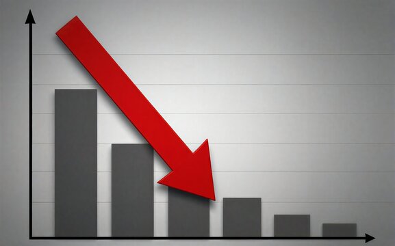 Declining sales trend shown by a red arrow pointing downward on a bar