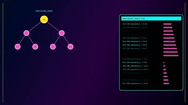 LLM Thinking Process, a dynamic decision path diagram, and reasoning log visualize artificial intelligence logic progression on a dark digital interface.