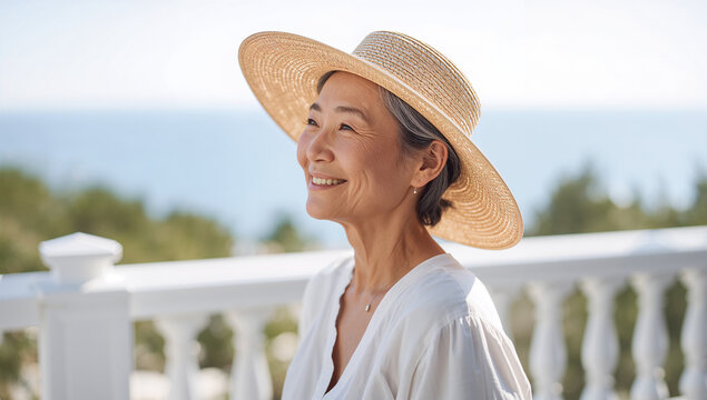 海辺の庭で麦わら帽子をかぶる日本人シニア女性の旅行写真