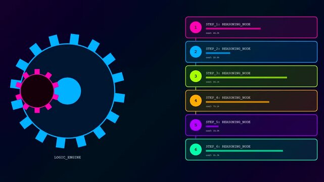 Abstract digital representation of the LLM Thinking Process, demonstrating intricate interconnected gears and vibrant neon progress bars for complex artificial intelligence workflow stages.