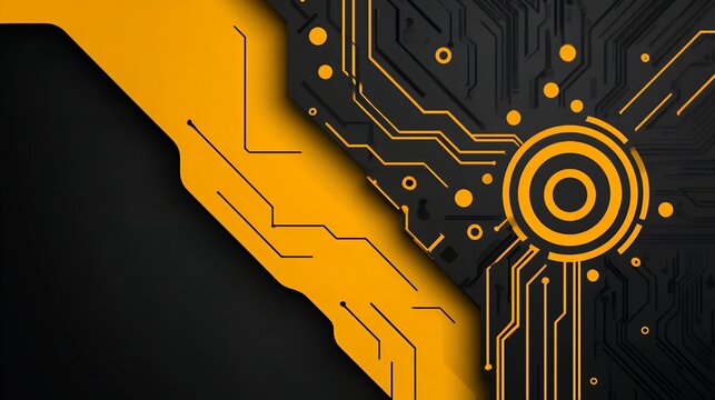 Futuristic High-Tech Circuit Board Background in Yellow and Black for Digital Technology Data and Hardware Concept Design