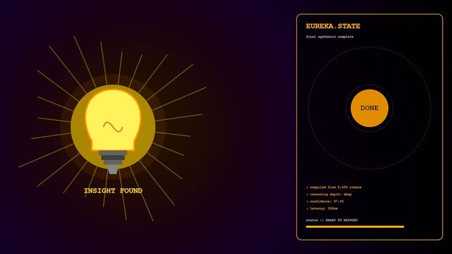 Conceptualizing a complex LLM Thinking Process, this vibrant digital animation illustrates the moment artificial intelligence achieves a brilliant insight, signaling completion and a eureka state.