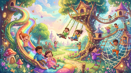 Obraz premium Whimsical fantasy playground with children playing on slides, swings, and treehouses in a magical forest setting.