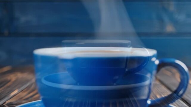 Steaming blue coffee cup on rustic wooden table against blue wall