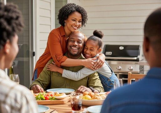 Happy African American Family Hugging and Smiling at Outdoor Backyard