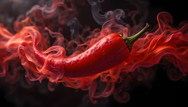 Vibrant red chili pepper surrounded by fiery flames on a dark background conveying intense heat and spice