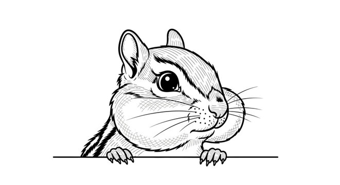 Chipmunk Peeking Over Edge, Cheek Pouch Full, Black and White Line Art