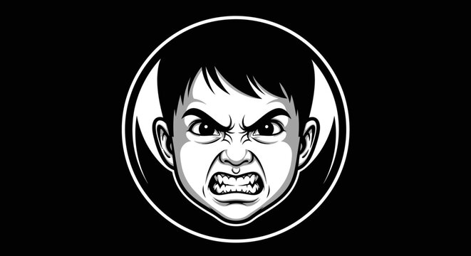 Furious Boy Face Illustration, Angry Child Portrait, Aggressive Expression, Gritting Teeth, Dark Mood