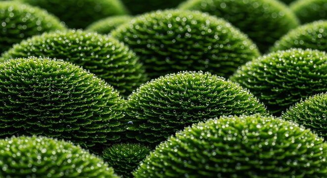 Close up macro view of vibrant green moss mounds in soft natural light.