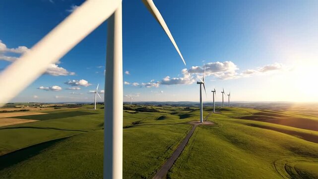 Row of wind turbines on a grassy hill under a bright blue sky with sun flare, representing renewable energy and sustainable power generation