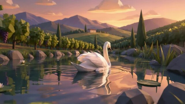Low poly white swan gliding gracefully across a peaceful lake at sunset, surrounded by geometric vineyards and rolling mountains in the distance, cinematic nature background for relaxing projects.