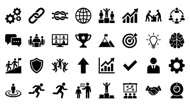 Business success icons set with people teamwork target shield trophy