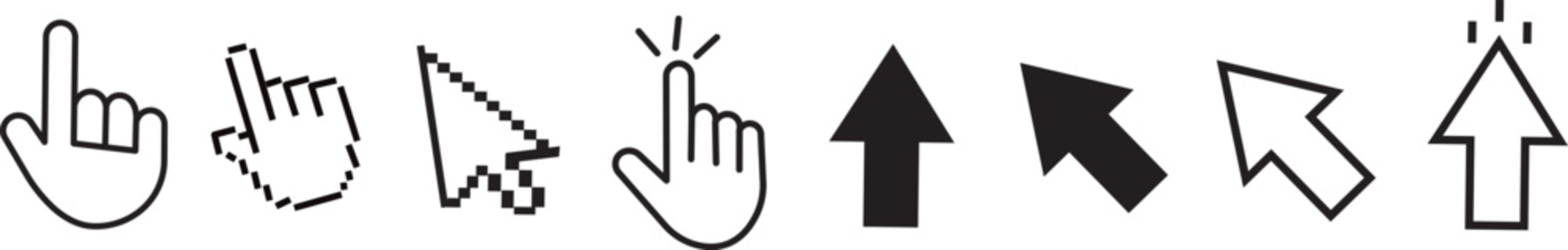 Cursor mouse click icons and digital pointer signs, containing high-quality illustration buttons for web navigation and arrow symbols in an isolated pictogram collection