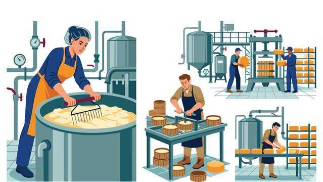 Cheese making process from curd to final product in a dairy factory.