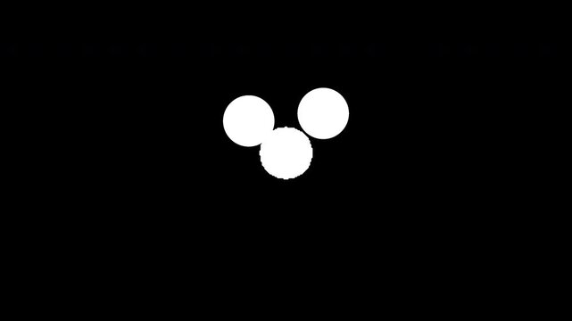 Modern 2D motion graphic: three white dots bounce on a line. Seamless loop loading animation, isolated on transparent alpha.