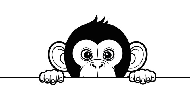 Cute monkey peeking over a blank surface, cartoon style, black and white illustration.