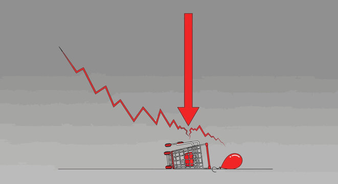 Shopping cart crash with red arrow pointing down, stock market decline concept