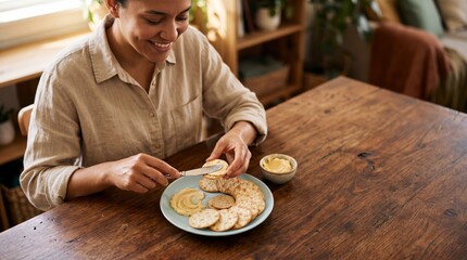 Woman enjoying snacks while spreading hummus on crackers at home