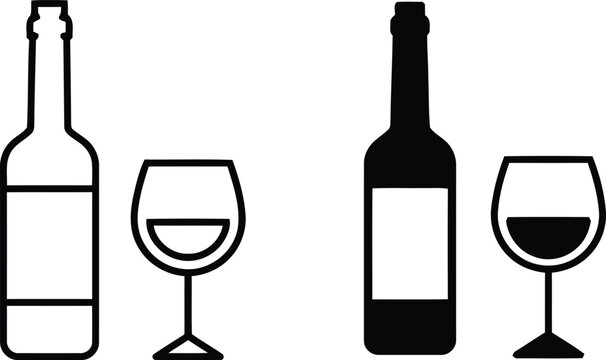 Wine bottle and glass icon set outline and filled versions