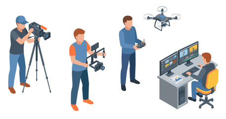 Fototapeta premium Isometric cameraman vector illustration set with videographers using tripods and gimbals, a drone operator, and an editor at a dual monitor computer desk.
