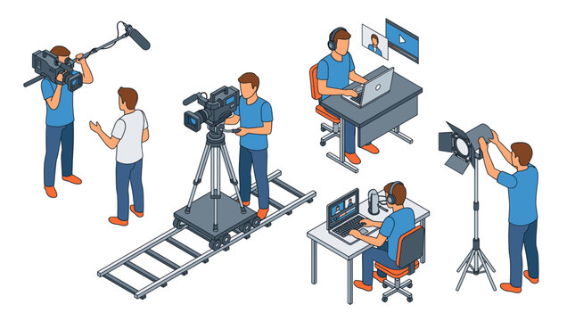 Isometric film crew vector set featuring a cameraman on a dolly track, sound operator, lighting technician, and video editors working in a media studio.