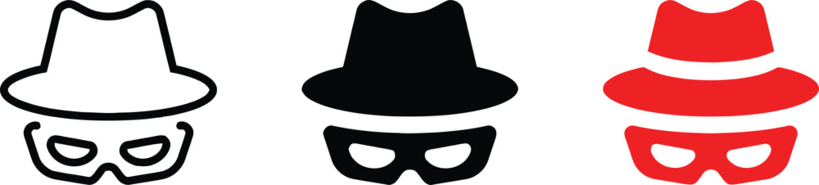 Anonymous hacker icons black red and white line art set