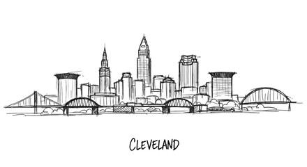 Obraz premium Artistic line drawing of a vibrant Cleveland cityscape capturing iconic skyscrapers and accessible bridges in a minimalist style