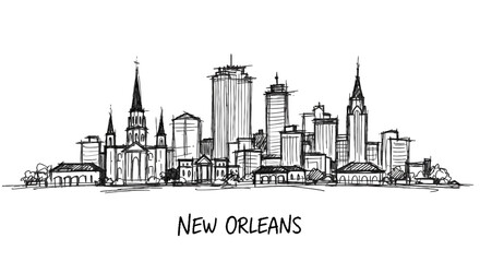 Obraz premium Stylized line drawing of the New Orleans city skyline featuring iconic architecture and modern skyscrapers with artistic flair
