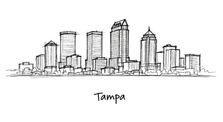 Obraz premium Minimalist Sketch of Tampa City Skyline Featuring Tall Modern Buildings and Urban Landscape Outline