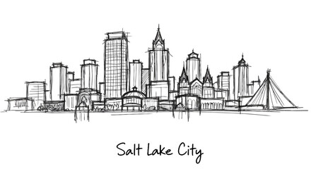 Naklejka premium Minimalist Line Sketch of Salt Lake City Skyline Showcasing Skyscrapers and Cityscape Elements