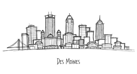 Naklejka premium Minimalist Sketch of Des Moines City Skyline Featuring Tall Modern Buildings and Urban Landscape