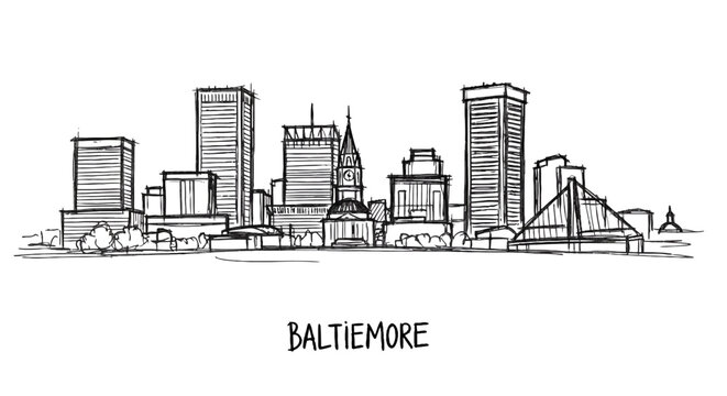 Stylized pen sketch of baltimore skyline illustrating urban architecture and cityscape with prominent high-rise buildings and