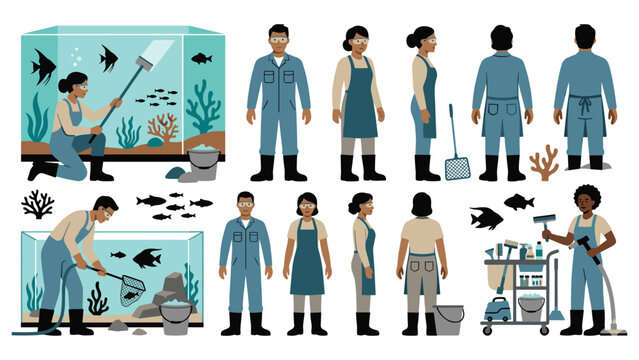 Aquarium maintenance staff characters cleaning tanks and caring for tropical fish species.