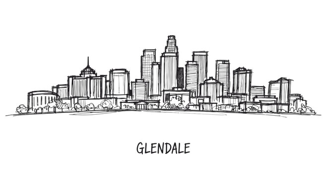 Hand-drawn city skyline illustration capturing the architectural diversity of Glendale with a focus on high-rise buildings and