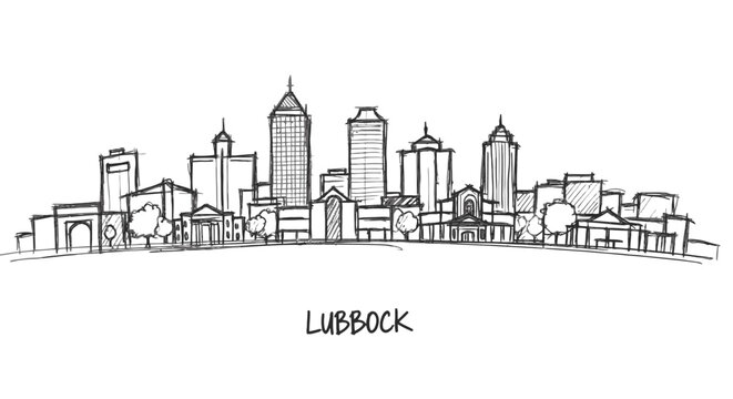 Minimalistic Sketch of Lubbock's Skyline Featuring Tall Buildings and Urban Landscape with Trees