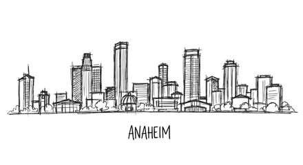 Obraz premium Stylized line art illustration of the vibrant downtown Anaheim city skyline showcasing diverse high-rise and low-rise buildings