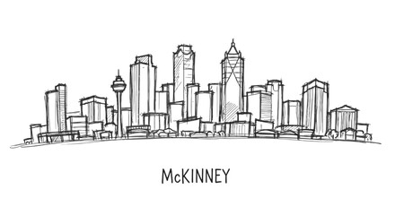 Fototapeta premium Stylized black and white line drawing of a modern downtown skyline with various high-rise buildings and a prominent tower