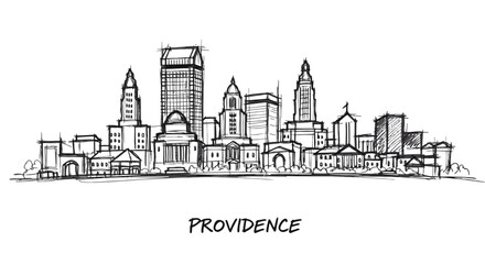 Obraz premium Minimalist line drawing of the Providence city skyline showcasing diverse architectural elements
