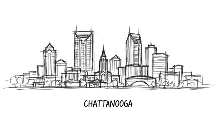 Fototapeta premium Contemporary cityscape sketch of chattanooga skyline featuring diverse high-rise architecture and urban landscape in