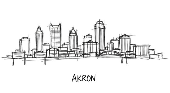 Minimalist skyline sketch of Akron's urban landscape showcasing key buildings and city silhouette with simple line art style