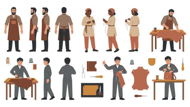 Leather crafting work with various illustrations of people and tools for design.