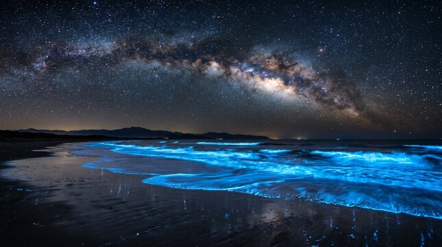 Milky way over bioluminescent ocean waves at night