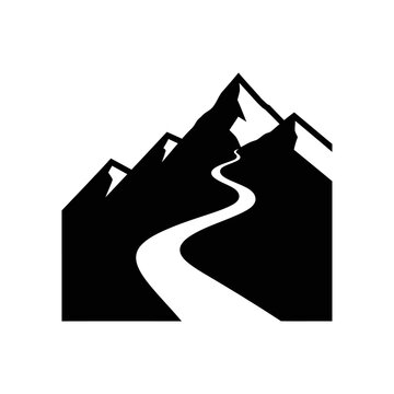 Clean vector icon illustrating prominent mountain peaks with a winding trail, symbolizing a challenging ascent, personal journey, and the pursuit of elevated goals