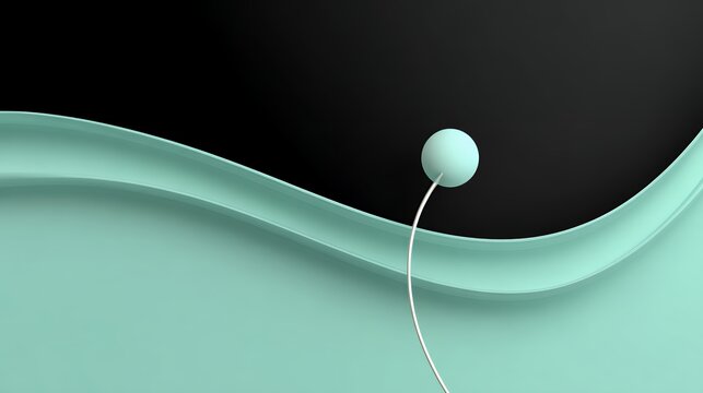 Minimalist 3D Art with Mint Green Wavy Layer and Thin Line Sphere on Black Background for Zen and Modern Calm Design