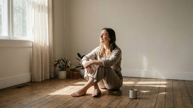Relaxed woman finds a quiet moment of thoughtful contemplation and serene peace on her sunlit wooden floor, embracing mindfulness and wellbeing at home