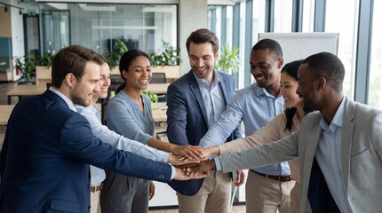 Obraz premium Diverse corporate team members smiling while stacking hands together in a professional meeting photo showing unity and strong business collaboration