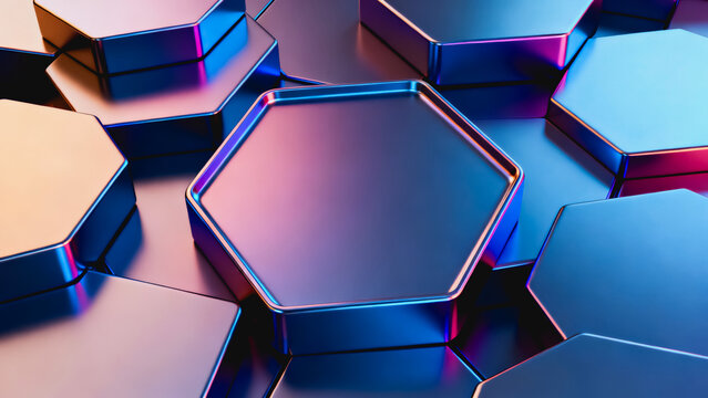This 3D rendered background features stacked polished metal hexagonal platforms illuminated by dual neon purple and blue lights, creating a futuristic tech aesthetic.