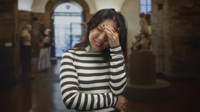 Young asian woman covers face with hand, smiling and tilting head, wearing black and white striped sweater beside sculptures on a pedestal in a building; playful shyness.